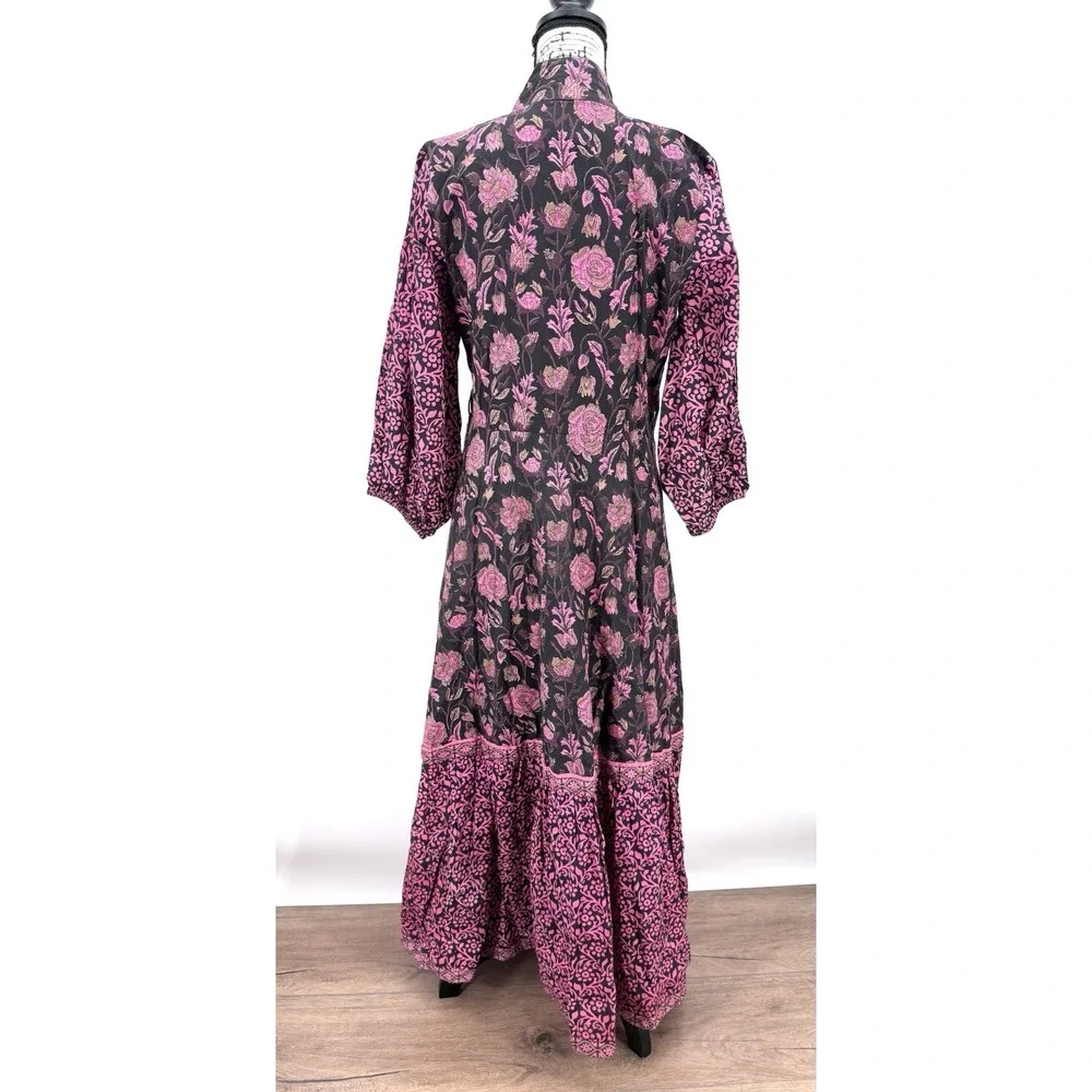 Sue Sartor Athénée Maxi Dress Medium Black Pink Floral Block Print Anthropologie